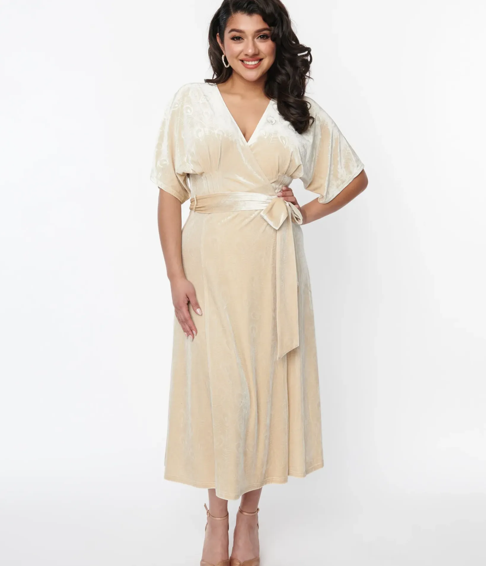 Unique Vintage Midi|Wrap Dresses>1970s Ivory Peacock Velvet Wrap Midi Dress