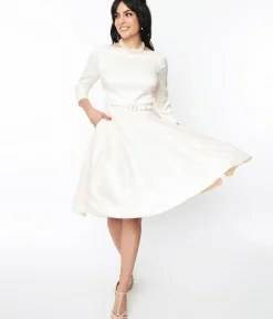 Unique Vintage Swing|Everyday Dresses>1950s Ivory Satin Devon Swing Dress