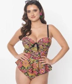 Unique Vintage Swim Bottoms>1960s Kaleidoscope Floral Daphne Swim Bottoms