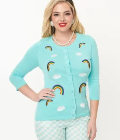 Unique Vintage Sweaters & Cardigans|Pride>Sky Blue & Rainbow Embroidered Bookworm Cardigan