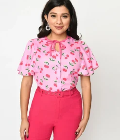 Unique Vintage Blouses|All Things Pink>1940s Lavender & Hot Pink Cherry Cecilia Blouse
