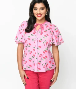 Unique Vintage Blouses|All Things Pink>1940s Lavender & Hot Pink Cherry Cecilia Blouse