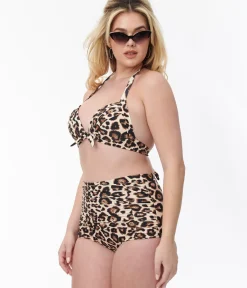 Unique Vintage Swim Tops|Two Piece Swim>1950s Leopard Print Monroe Halter Swim Top