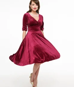 Unique Vintage Swing|Everyday Dresses>1950s Merlot Textured Velvet Delores Swing Dress