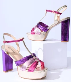 Unique Vintage Heels|Sandals>1970s Metallic Berry & Gold T-Strap Platform Heels