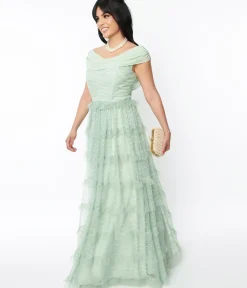 Unique Vintage Everyday Dresses|Special Occasion>1950s Mint Green Clip Dot Off The Shoulder Cocktail Dress