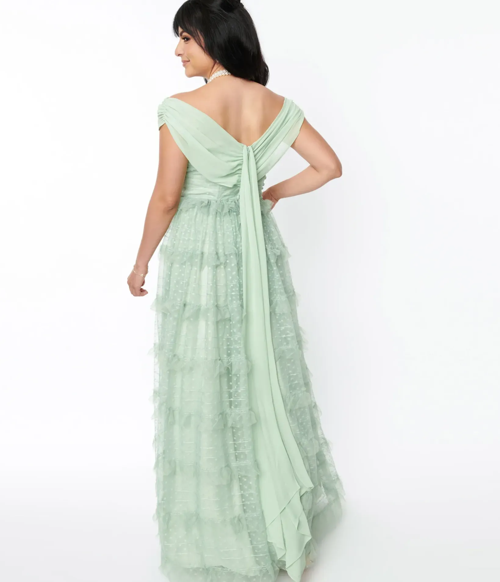 Unique Vintage Everyday Dresses|Special Occasion>1950s Mint Green Clip Dot Off The Shoulder Cocktail Dress