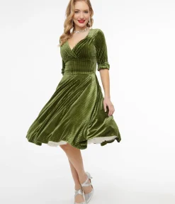 Unique Vintage Swing|Everyday Dresses>1950s Moss Green Velvet Delores Swing Dress