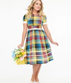 Unique Vintage Swing|Everyday Dresses>1950s Multicolor Plaid Cotton Swing Dress