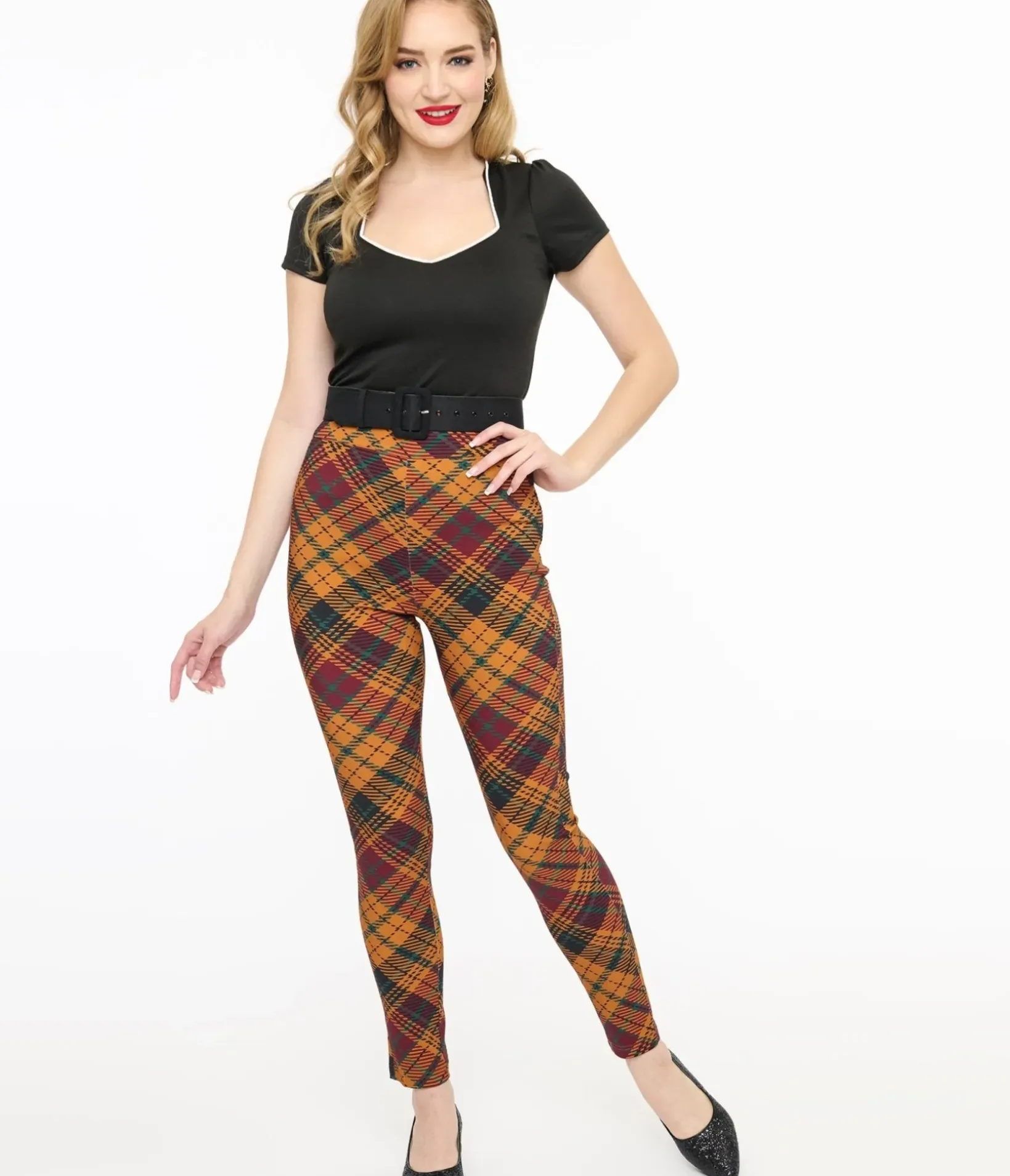 Unique Vintage Pants|Work Wear>1960s Mustard & Burgundy Plaid High Waist Cigarette Pants