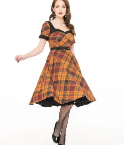 Unique Vintage Swing|Pocket Dresses>1950s Mustard Yellow & Burgundy Plaid Swing Dress