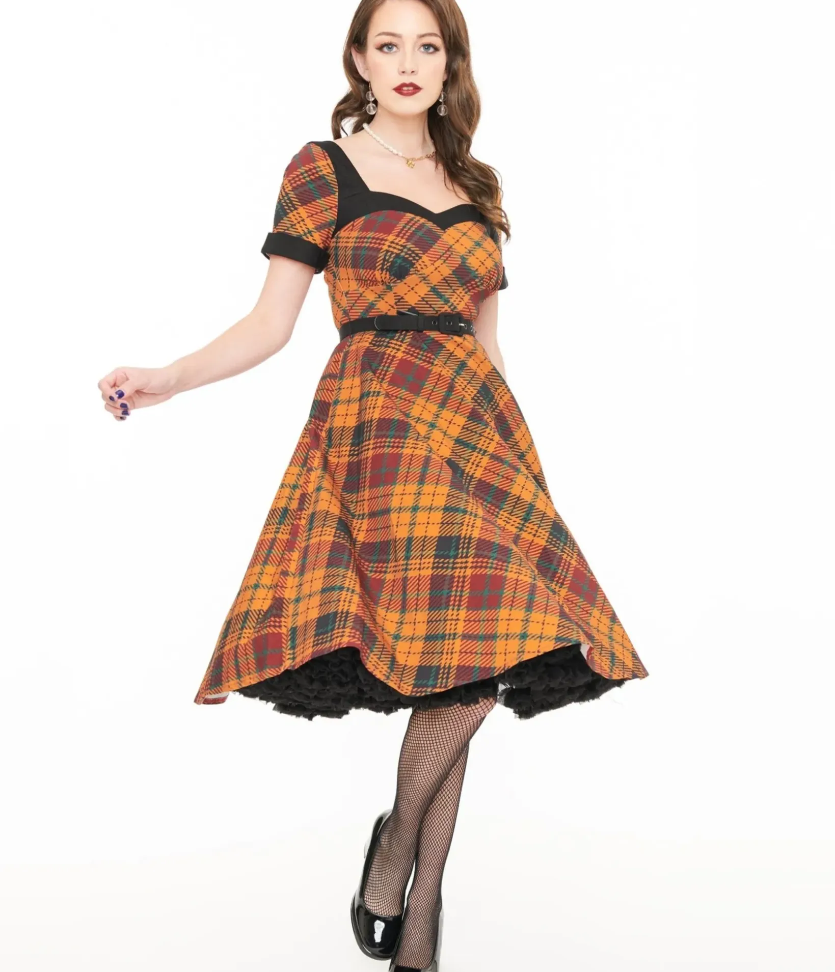 Unique Vintage Swing|Pocket Dresses>1950s Mustard Yellow & Burgundy Plaid Swing Dress