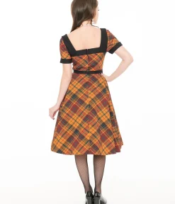 Unique Vintage Swing|Pocket Dresses>1950s Mustard Yellow & Burgundy Plaid Swing Dress