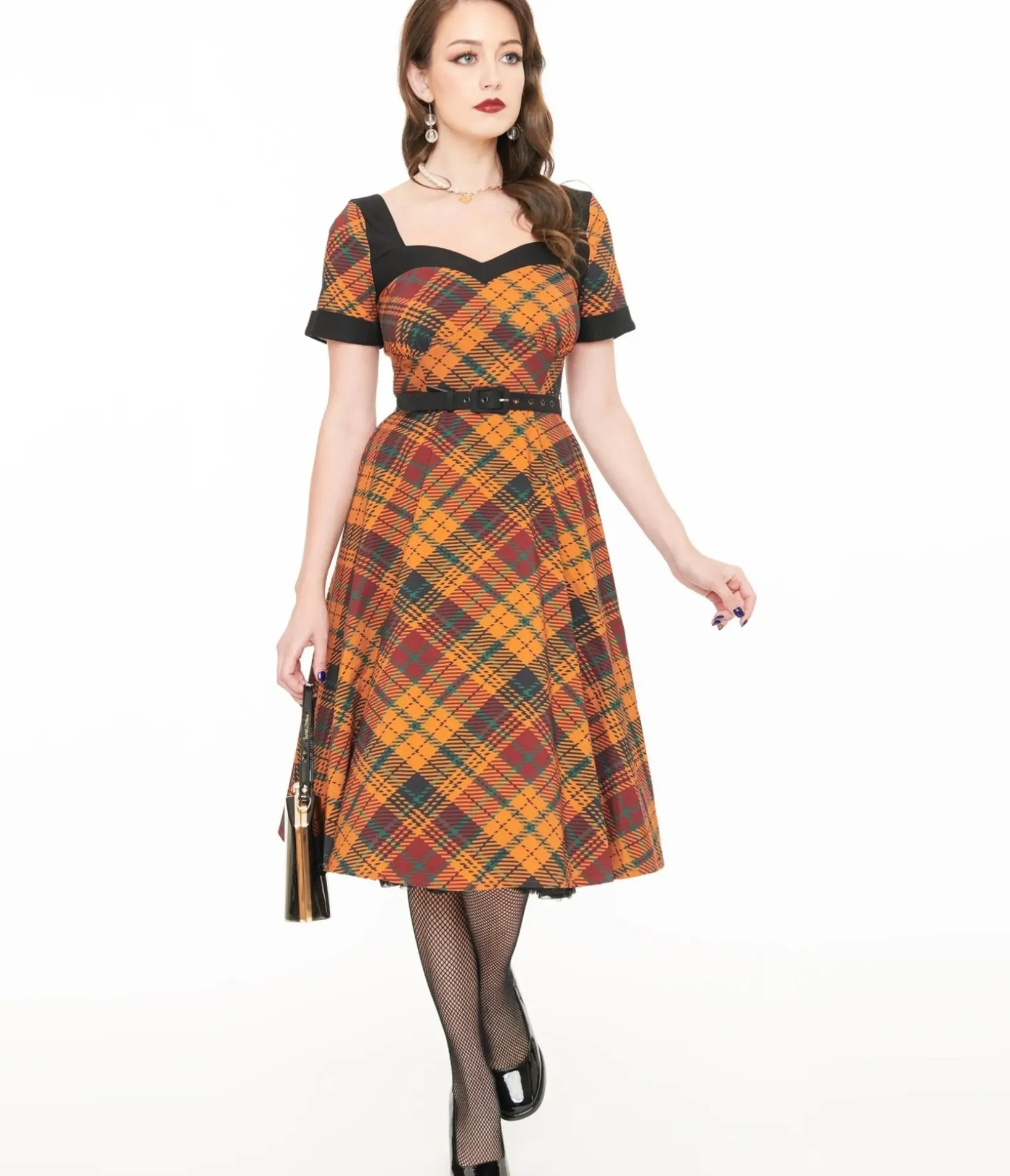Unique Vintage Swing|Pocket Dresses>1950s Mustard Yellow & Burgundy Plaid Swing Dress
