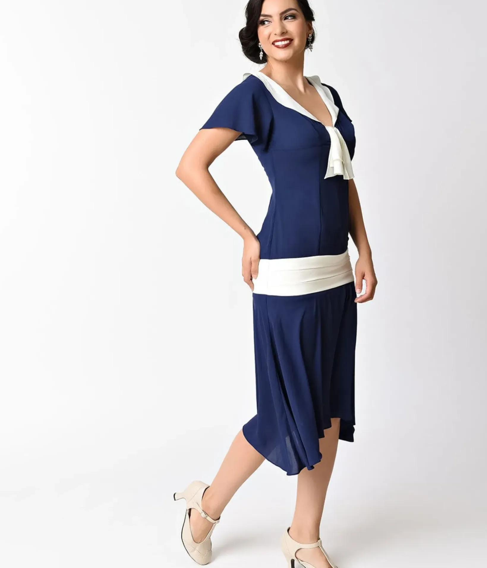 Unique Vintage Everyday Dresses|Special Occasion>1920s Navy Blue & Ivory Wilshire Flapper Day Dress
