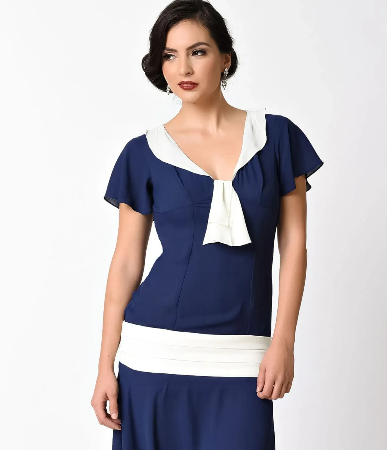 Unique Vintage Everyday Dresses|Special Occasion>1920s Navy Blue & Ivory Wilshire Flapper Day Dress