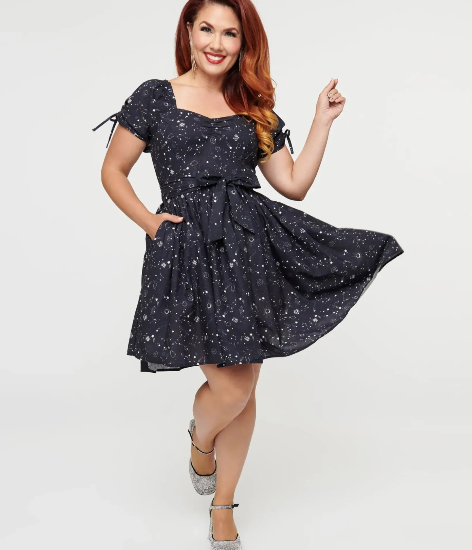 Unique Vintage Swing|Pocket Dresses>1950s Navy Cosmos Print Swing Dress
