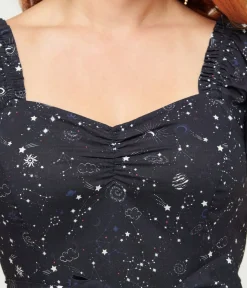 Unique Vintage Swing|Pocket Dresses>1950s Navy Cosmos Print Swing Dress