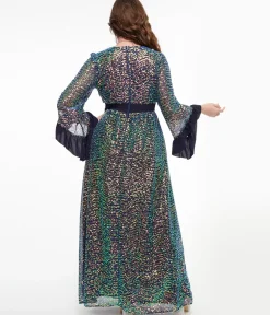 Unique Vintage Maxi|Everyday Dresses>1970s Navy Glitter Sequin Maxi Dress