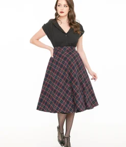 Unique Vintage Skirts>1950s Navy & Green Plaid High Waist Vivien Swing Skirt