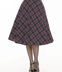 Unique Vintage Skirts>1950s Navy & Green Plaid High Waist Vivien Swing Skirt