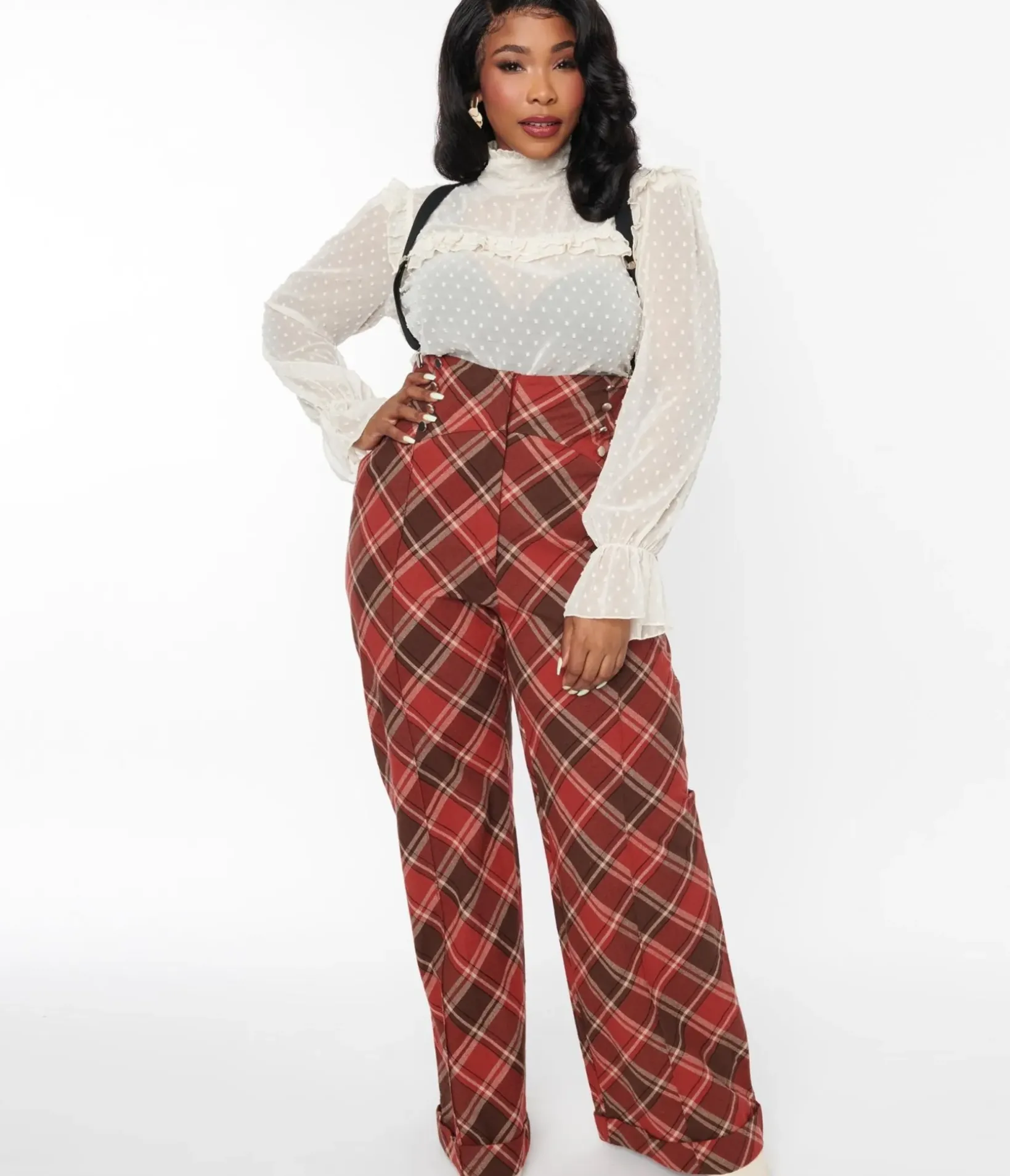 Unique Vintage Pants|Pants>1940s Navy & Orange Plaid High Waist Sailor Ginger Pants