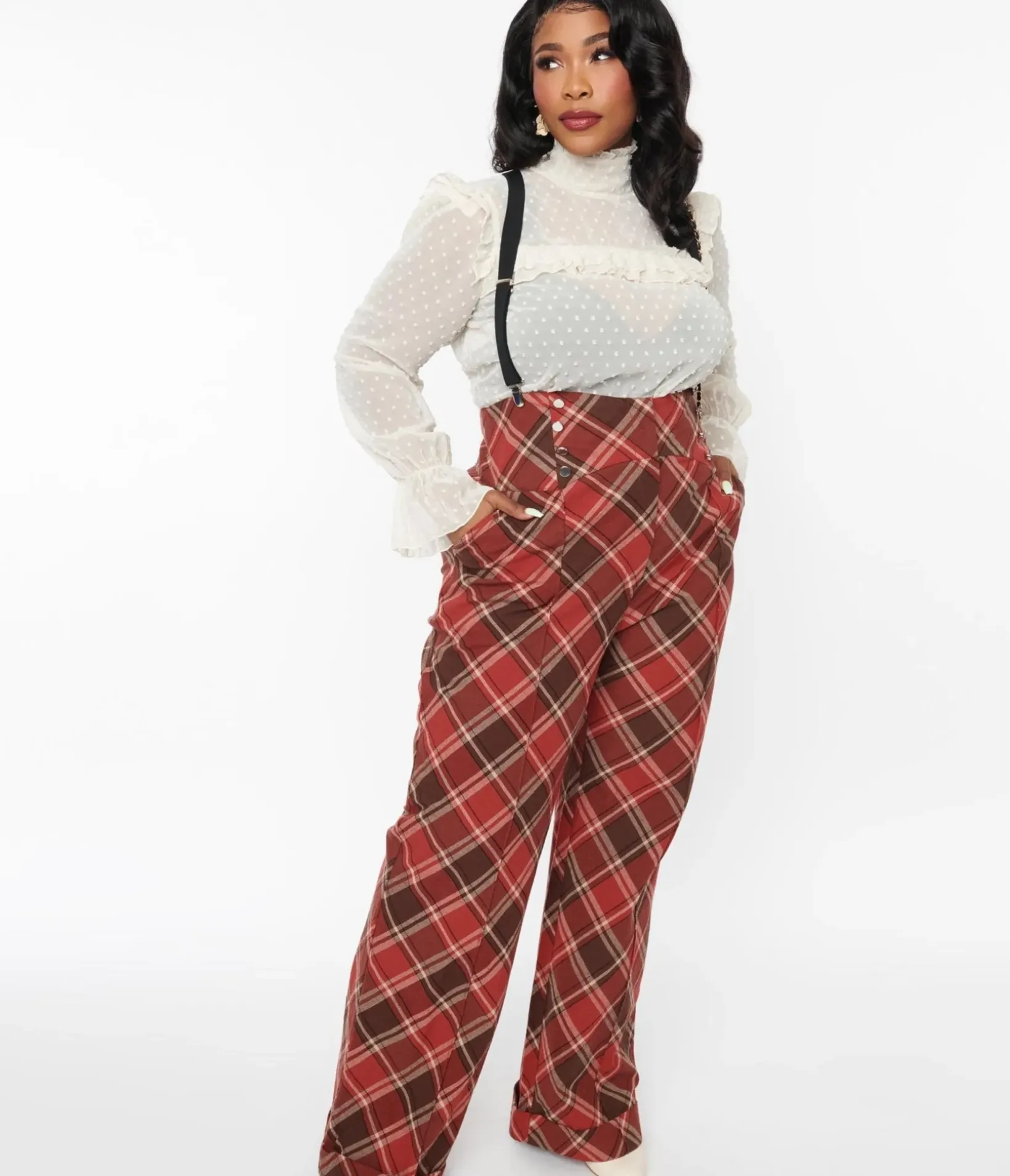 Unique Vintage Pants|Pants>1940s Navy & Orange Plaid High Waist Sailor Ginger Pants