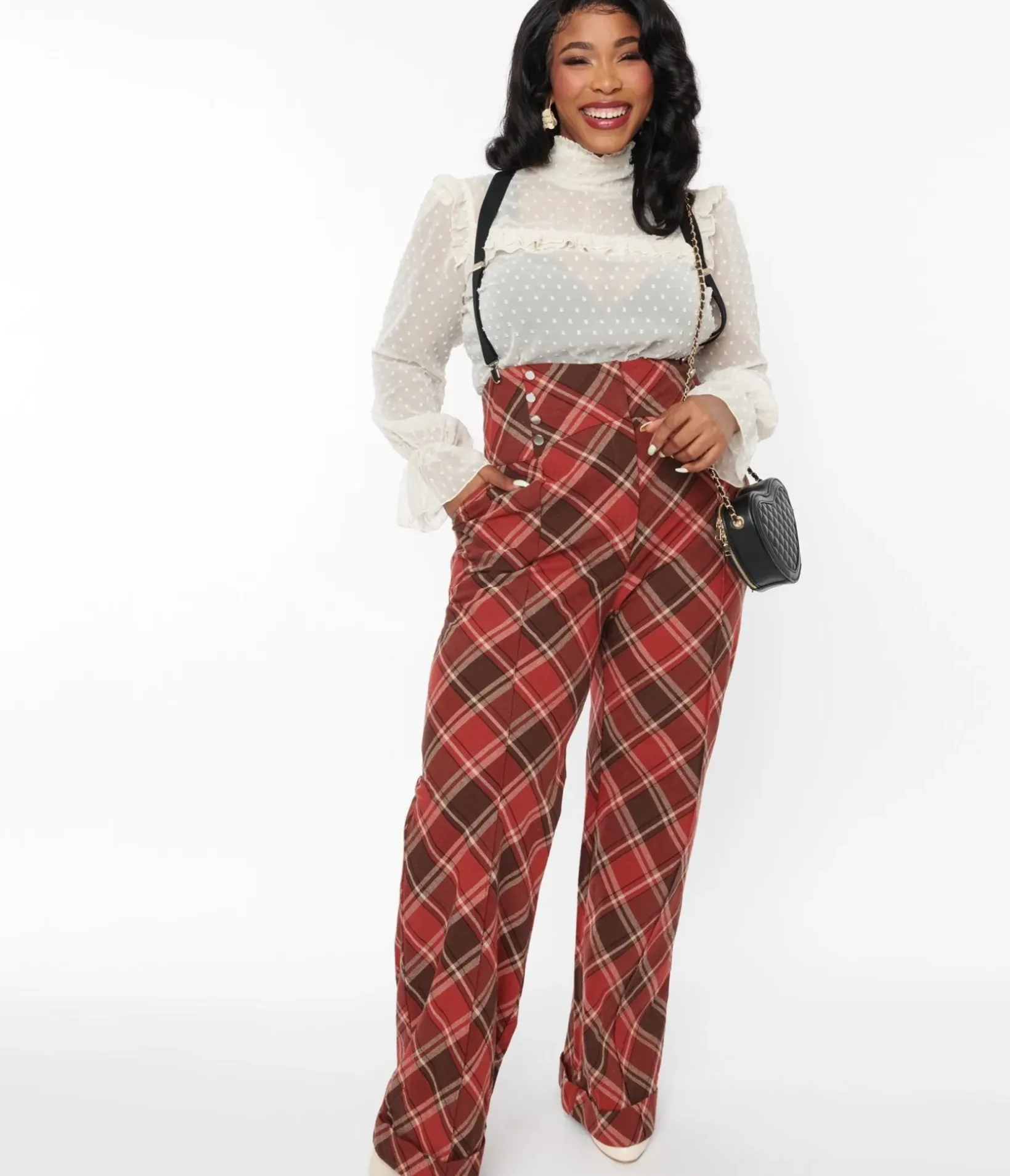 Unique Vintage Pants|Pants>1940s Navy & Orange Plaid High Waist Sailor Ginger Pants