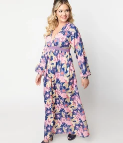 Unique Vintage Maxi|Pocket Dresses>1970s Navy & Purple Floral Print Buttercup Maxi Dress
