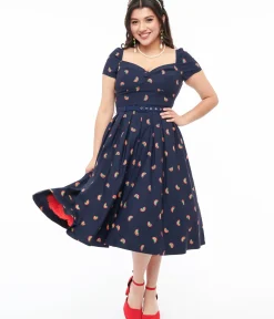 Unique Vintage Swing|Everyday Dresses>1950s Navy & Rainbow Stamp Midge Swing Dress