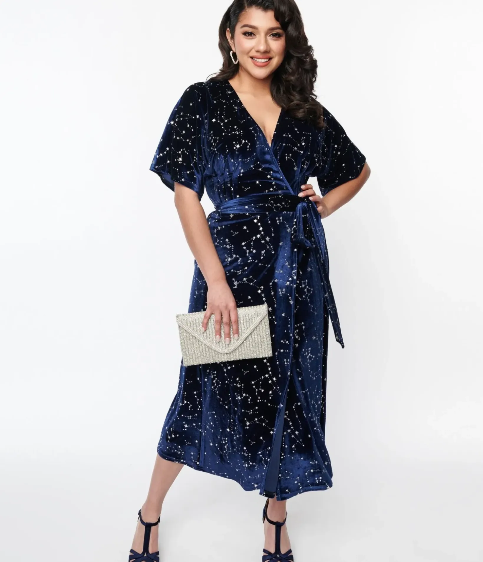 Unique Vintage Midi|Wrap Dresses>1970s Navy & Silver Stars Velvet Wrap Midi Dress