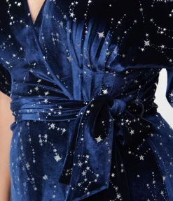 Unique Vintage Midi|Wrap Dresses>1970s Navy & Silver Stars Velvet Wrap Midi Dress