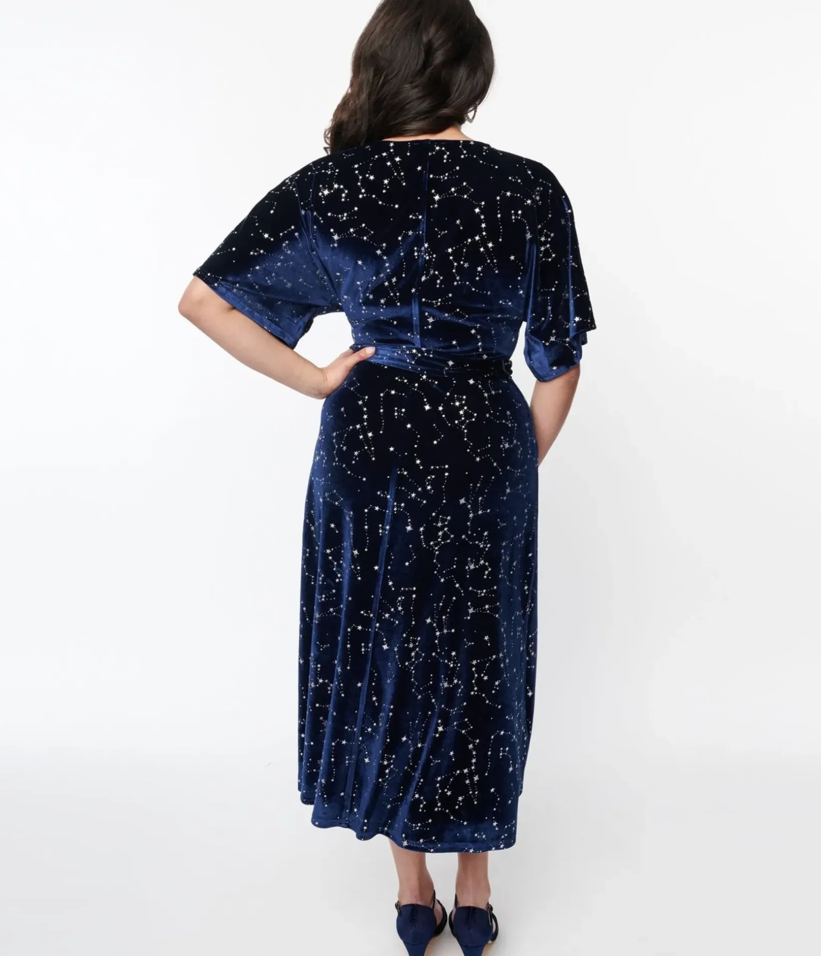 Unique Vintage Midi|Wrap Dresses>1970s Navy & Silver Stars Velvet Wrap Midi Dress