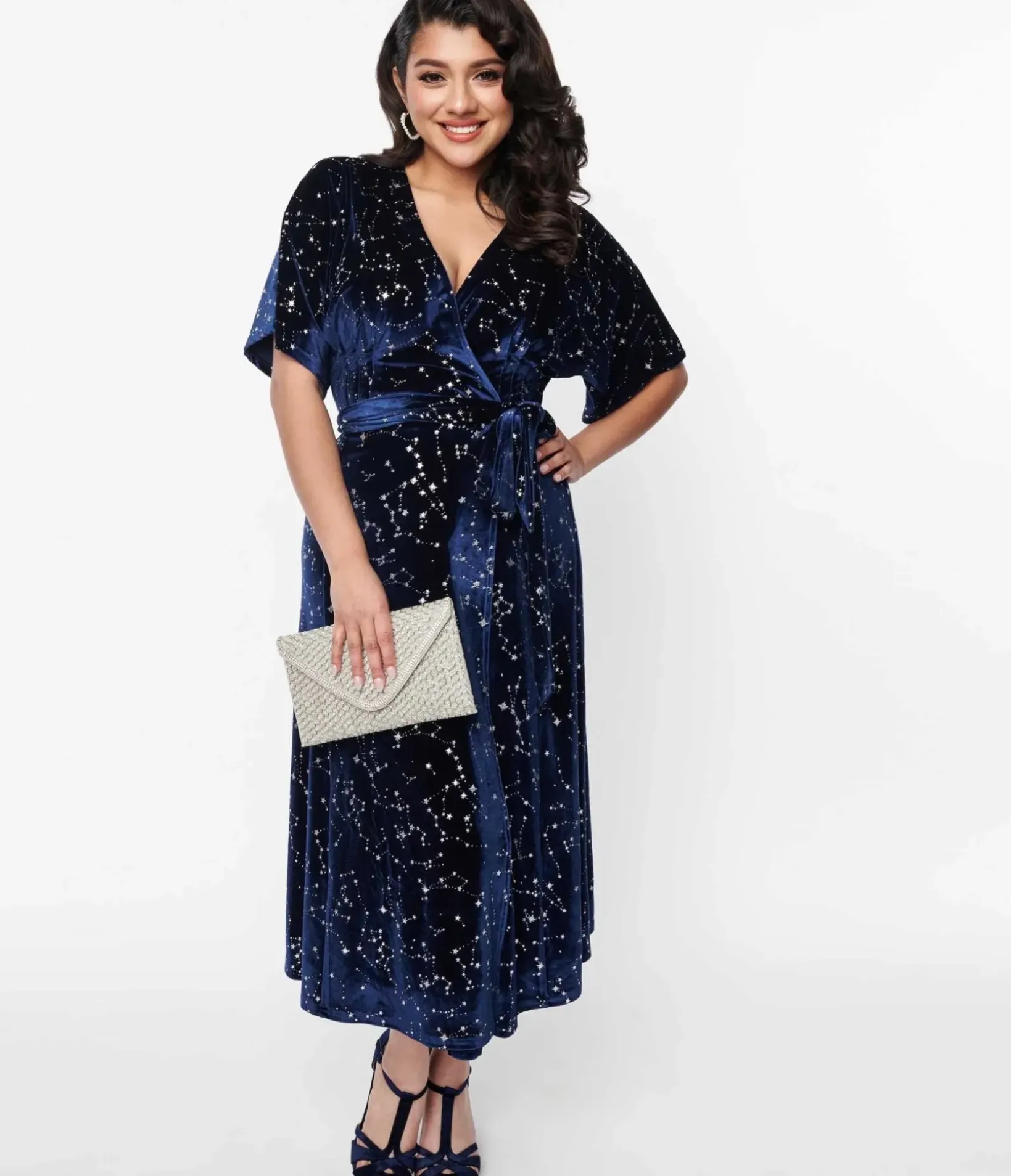 Unique Vintage Midi|Wrap Dresses>1970s Navy & Silver Stars Velvet Wrap Midi Dress