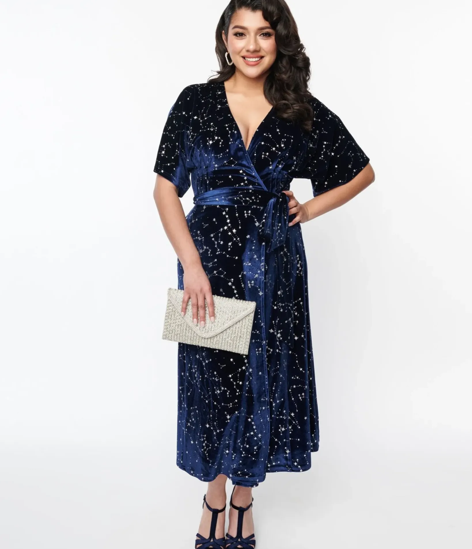 Unique Vintage Midi|Wrap Dresses>1970s Navy & Silver Stars Velvet Wrap Midi Dress