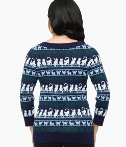 Unique Vintage Sweaters & Cardigans>1940s Navy & White Cat Pattern Lorelai Sweater