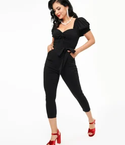 Unique Vintage Rompers & Jumpsuits|All Things Black>Solid Black Belted Jumpsuit