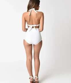 Unique Vintage Swim Bottoms|Two Piece Swim>Solid White Monroe High Waist Swim Bottom