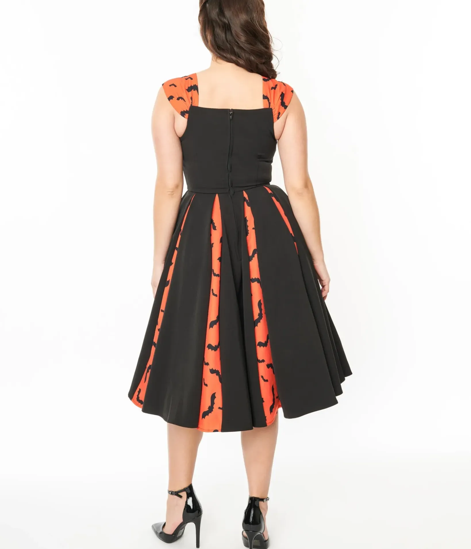 Unique Vintage Swing|Pocket Dresses>1950s Orange & Black Bat Stripe Swing Dress