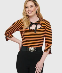 Unique Vintage Halloween>1950s Orange & Black Stripe Cutout Neck Tie Top