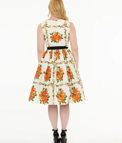 Unique Vintage Swing|Pocket Dresses>1950s Orange Fall Floral Sleeveless Swing Dress