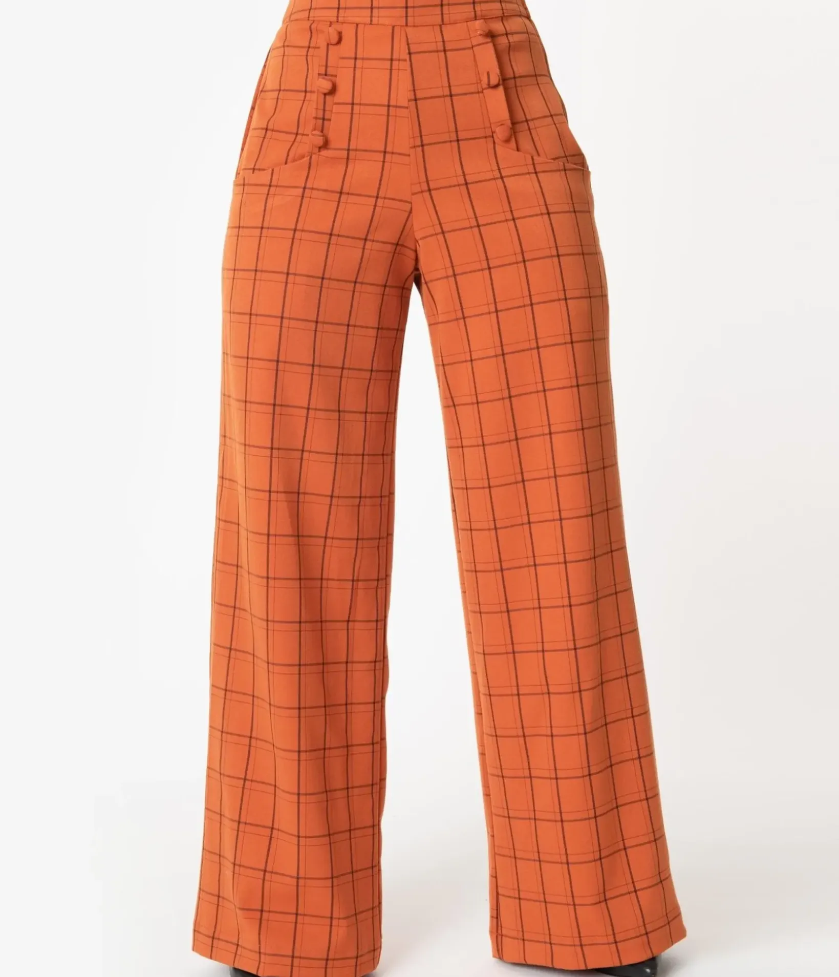 Unique Vintage Pants|Halloween>1940s Orange Windowpane High Waist Ginger Pants