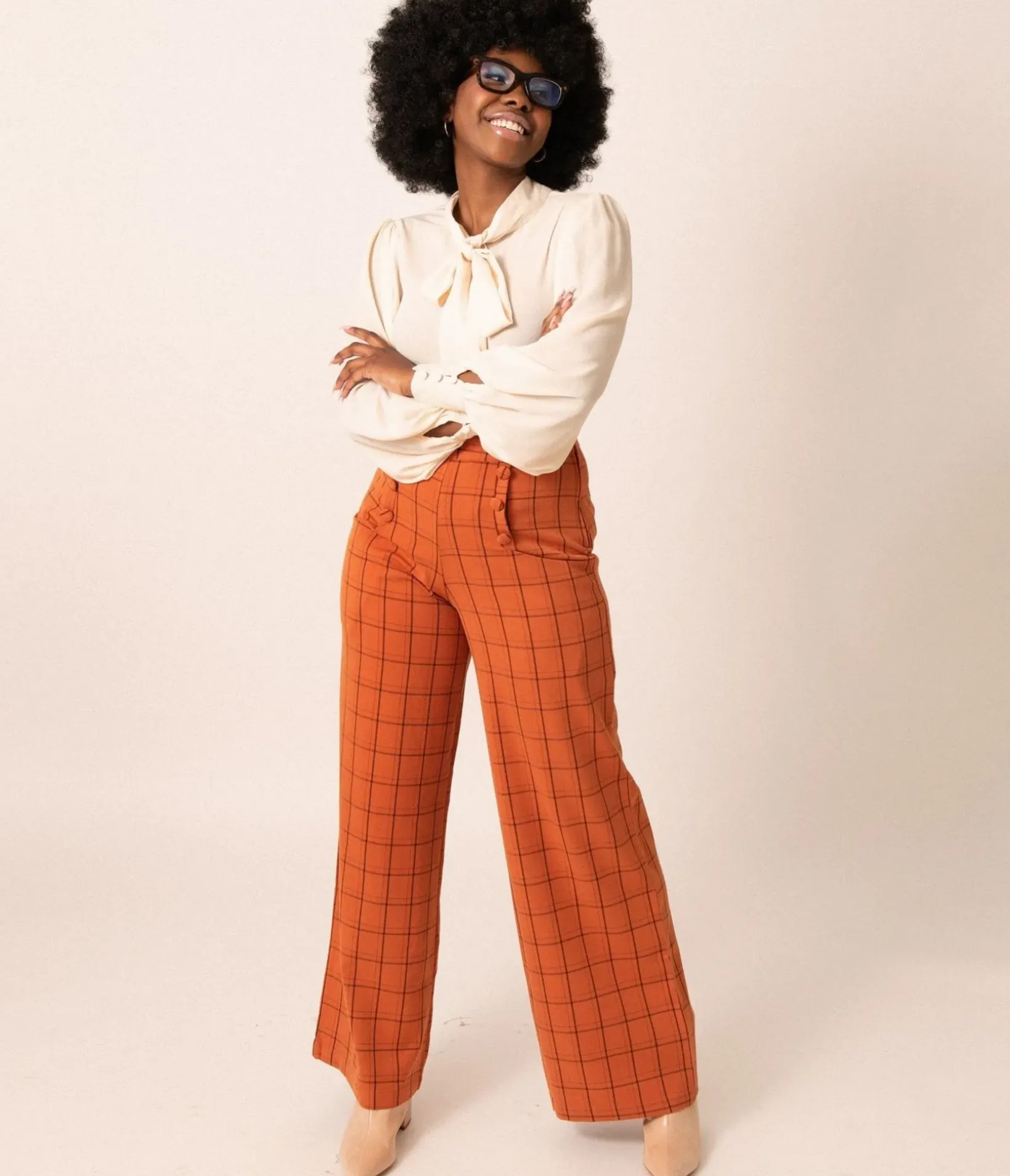 Unique Vintage Pants|Halloween>1940s Orange Windowpane High Waist Ginger Pants