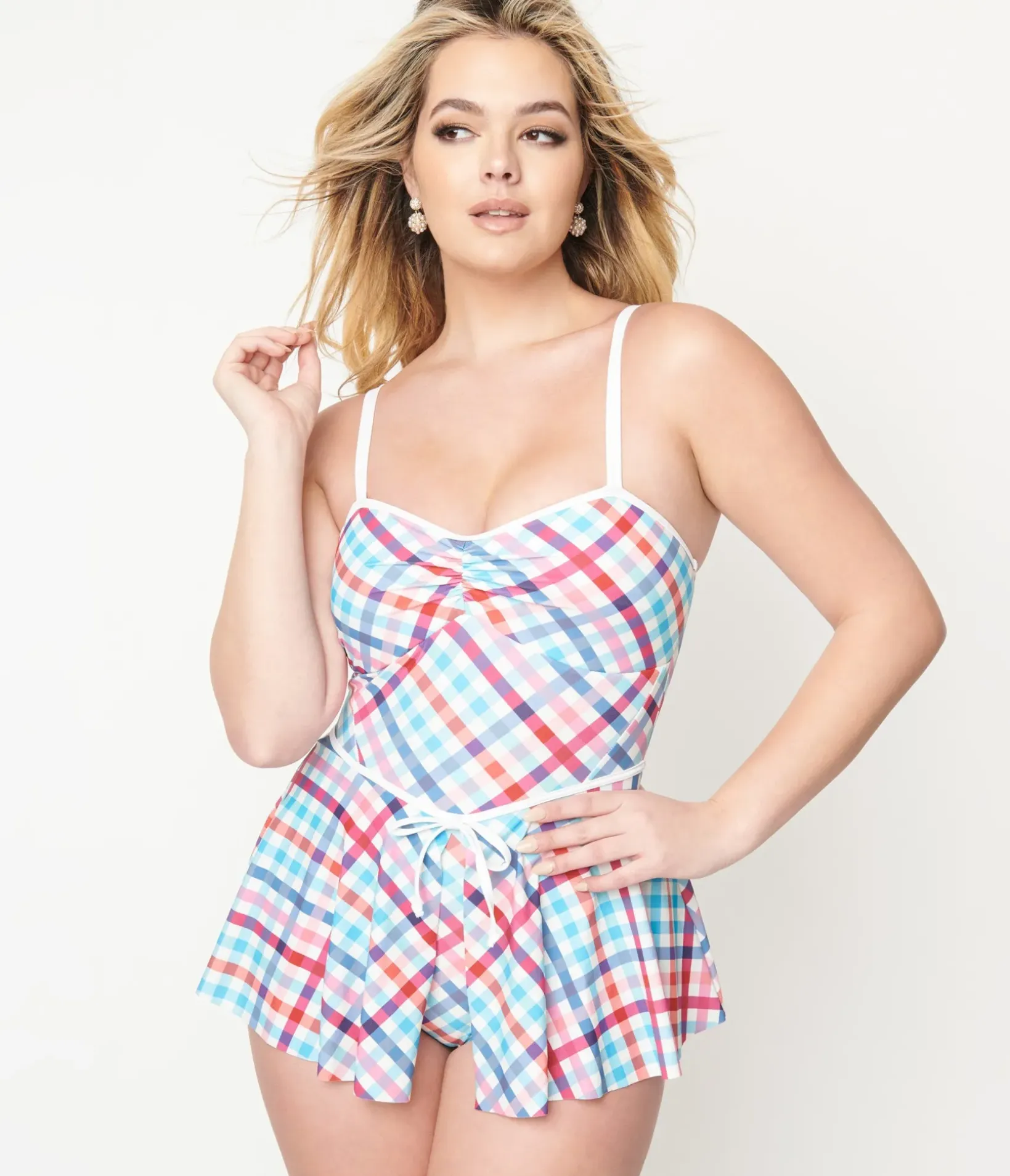 Unique Vintage One Piece Swim>1950s Pastel Madras Plaid Skirted Swimsuit