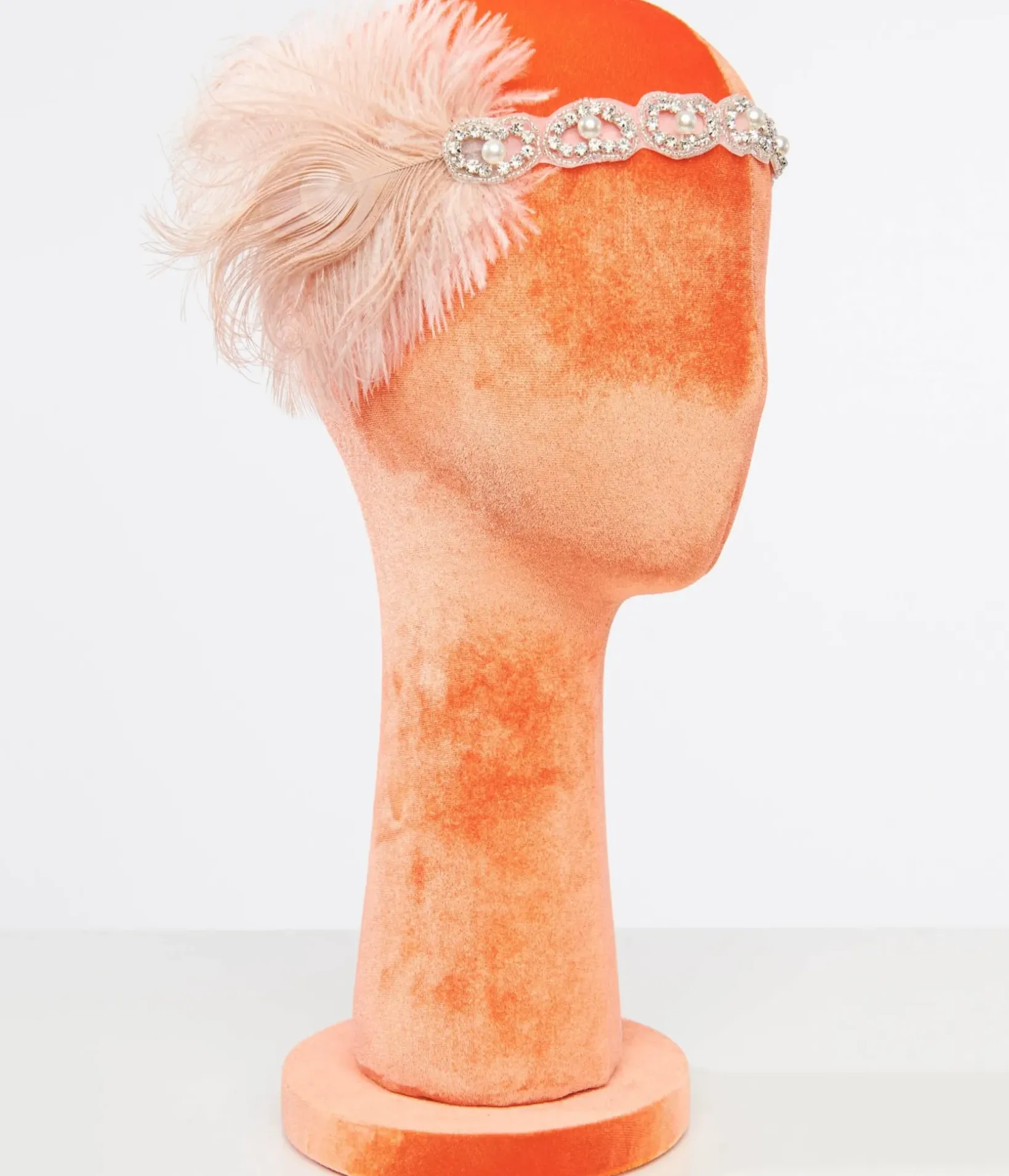 Unique Vintage Special Occasion|Flapper Accessories>1920s Peach Feather & Silver Rhinestone Headband