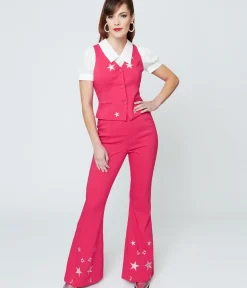 Unique Vintage Pants|Barbie Core>1970s Pink & Glitter Stars Flare Pants