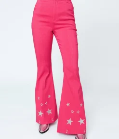 Unique Vintage Pants|Barbie Core>1970s Pink & Glitter Stars Flare Pants