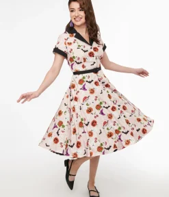 Unique Vintage Swing|Pocket Dresses>1950s Pink Halloween Print Alexis Swing Dress