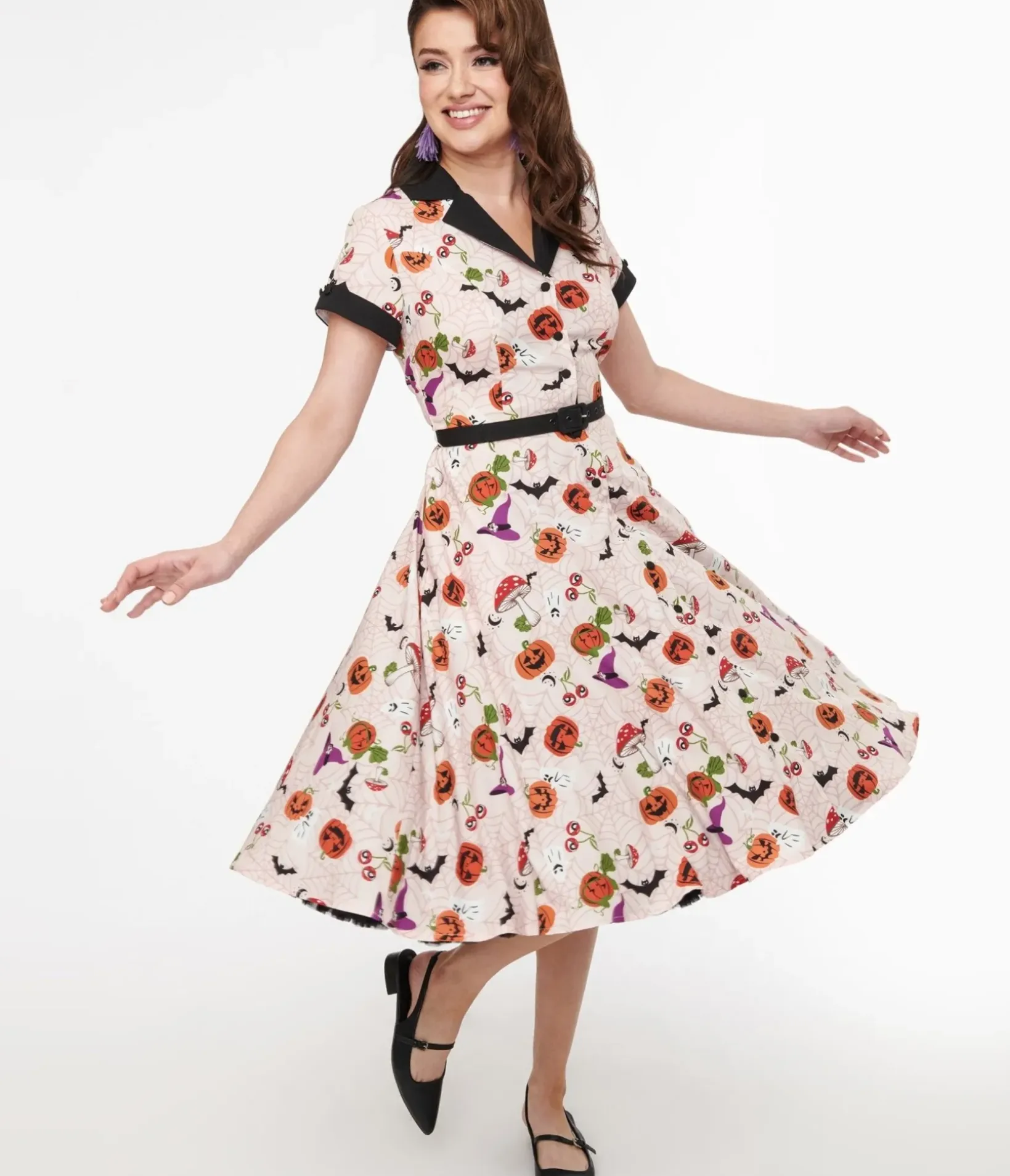 Unique Vintage Swing|Pocket Dresses>1950s Pink Halloween Print Alexis Swing Dress