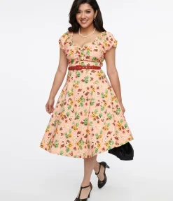 Unique Vintage Swing|Everyday Dresses>1950s Pink Jack-O-Lantern Fruit Ohara Swing Dress